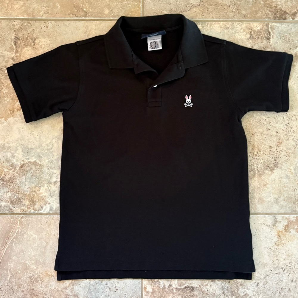 Psycho Bunny Boys 14/16 Essential Black Polo Shirt Cotton Logo Collared Designer